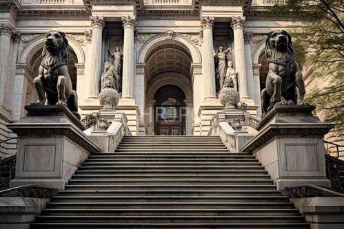 classical building facade reflects ethereal glow of torches amidst majestic stone steps