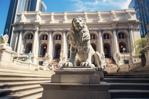 ancient classical building confronts modern skyscrapers with ornate facade and majestic lion statue