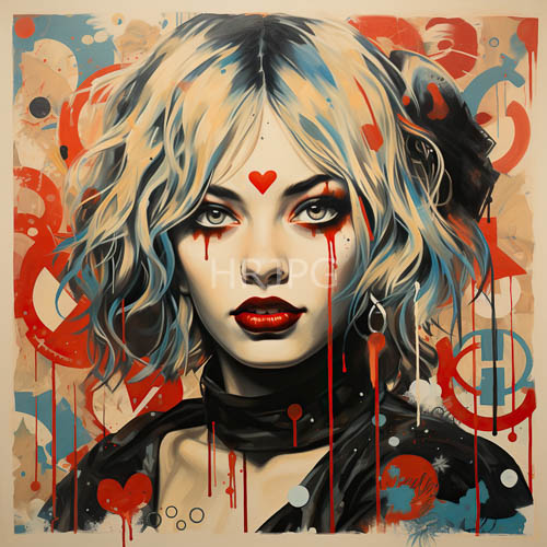 brushstrokes dance across harley quinns porcelain skin in whimsical virtual realm