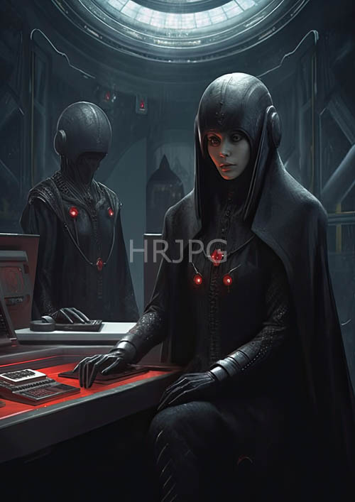 futuristic control room figures in black armored suits amidst flickering holographic display