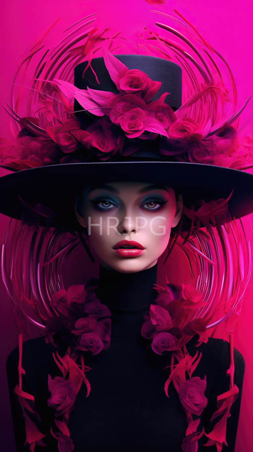 High Resolution: Elaborate black hat cascades with intricate magenta feathers framing angular androgynous model download. | HRJPG.com