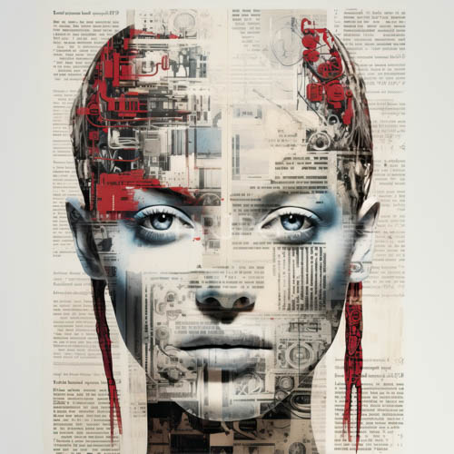 childs face amidst geometric shapes and machinery on stark white background