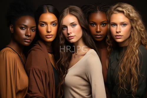 womens variegated hair textures and earthy attire in olive and beige dominant cluster