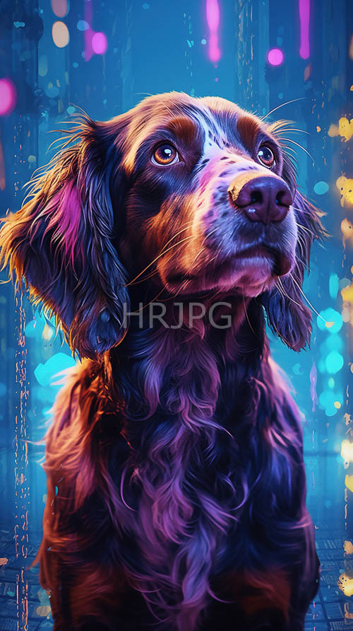 cocker spaniel in resplendent turbulent fur ripples amidst kaleidoscopic colors and bokeh lights