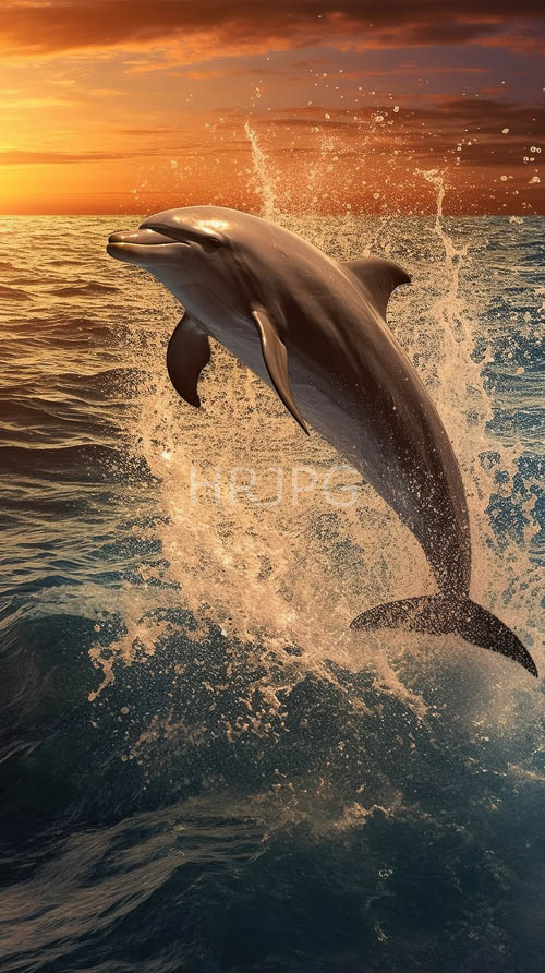 ocean surface turbulent water dolphin bursts forth sleek gray streamlined body glistening droplets refracting fading sunset light