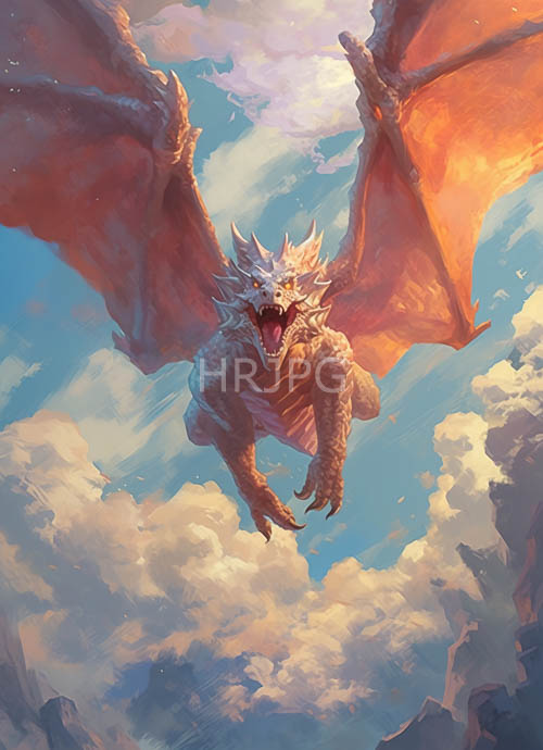 dragon soars over mountainous terrain with fiery orange hues and polished copper scales