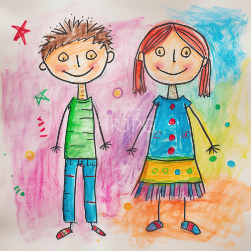 childrens playful expressions amid swirling pastel watercolor background with distinct attire