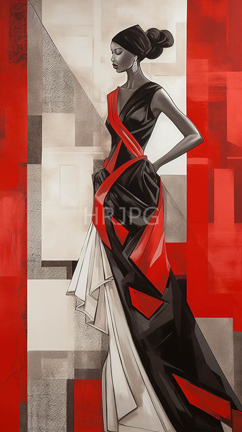 sleek bun adorned figure in geometric patterned gown against monochromatic background