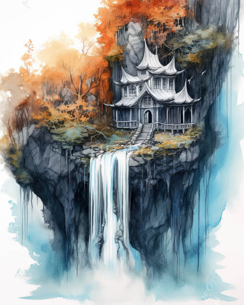 granite cliffs showcase weathered rock formations amidst autumnal foliage and dappled waterfall reflections