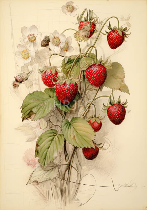 ripe strawberries unfold amidst delicate greenery and textured beige watercolor backgrounds