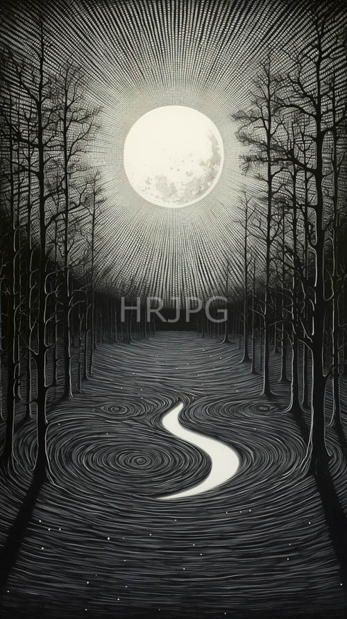 twisted trees silhouetted against celestial light in inky blackness reflecting on glassy river surface