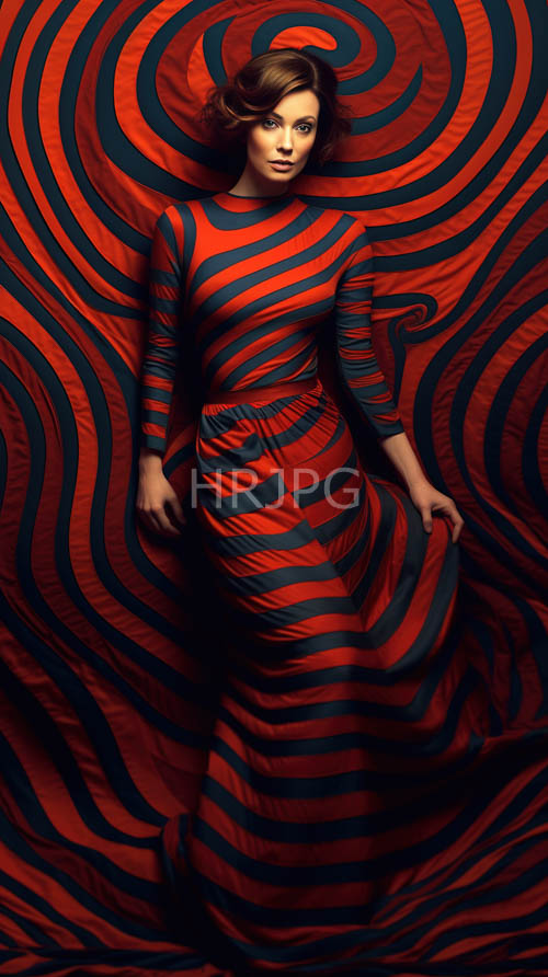 crimson silk folds cascade down slender frame against dark rich tones