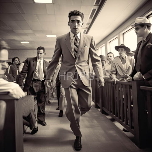 mid20th century men in formal attire walking down a lighted aisle in a grand setting