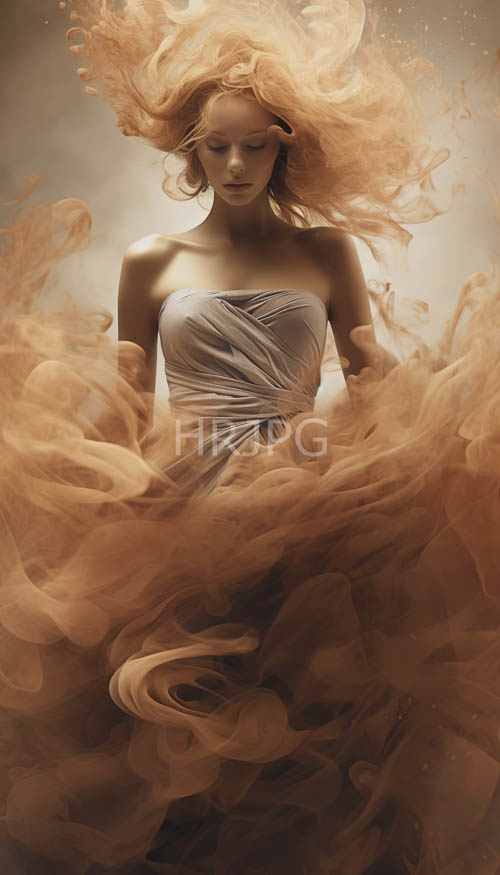 beige landscapes hold female forms wrapped in smoke fabrics