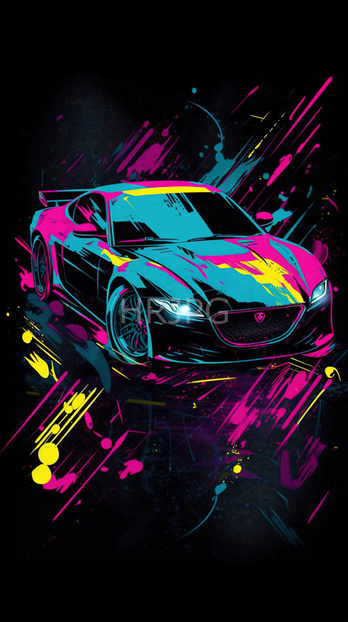 sleek silhouette unveils aerodynamic design of black sports car against dynamic splatter background