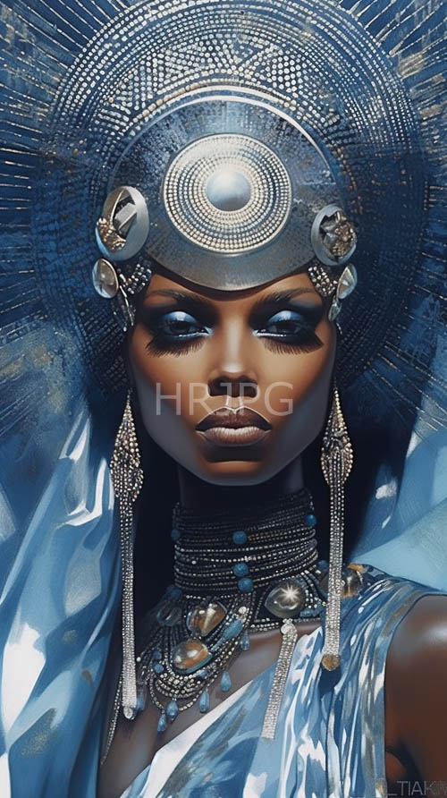 High Resolution: Intricately Patterned Metallic Jewelry Frames Dark Skinned Figure in Movement and Light download. | HRJPG.com