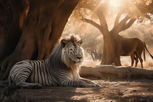 savanna canopy patterns cast intricate shadows on tawny lions matted mane