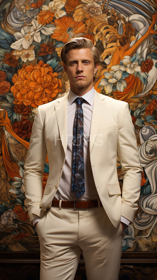 High Resolution: Cream suits stand before large painted orange rose murals download. | HRJPG.com