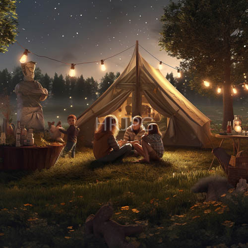 emerald green and sapphire blue hues danced across starry evening campsite canvas