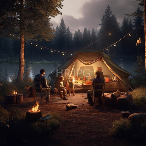 High Resolution: Forest Campsite Awakens as Flickering String Lights Cast a Warm Glow on Seated Campers download. | HRJPG.com
