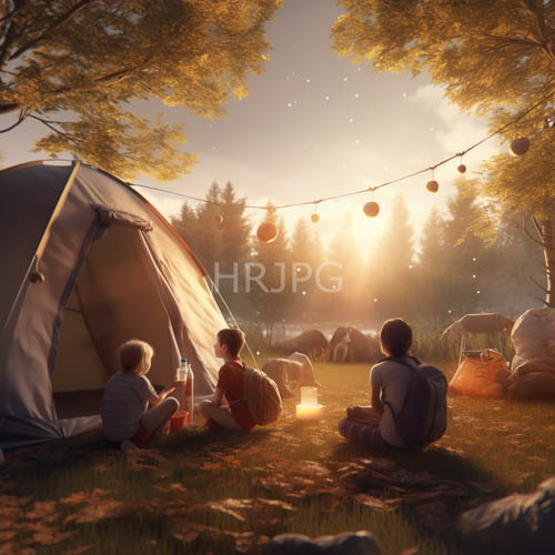 children sit amidst autumn foliage and strings of luminous lights