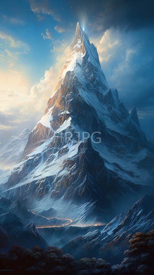 granite peaks pierce emerald foliage set aflame by shafts of sunlight amidst rugged weathered texture