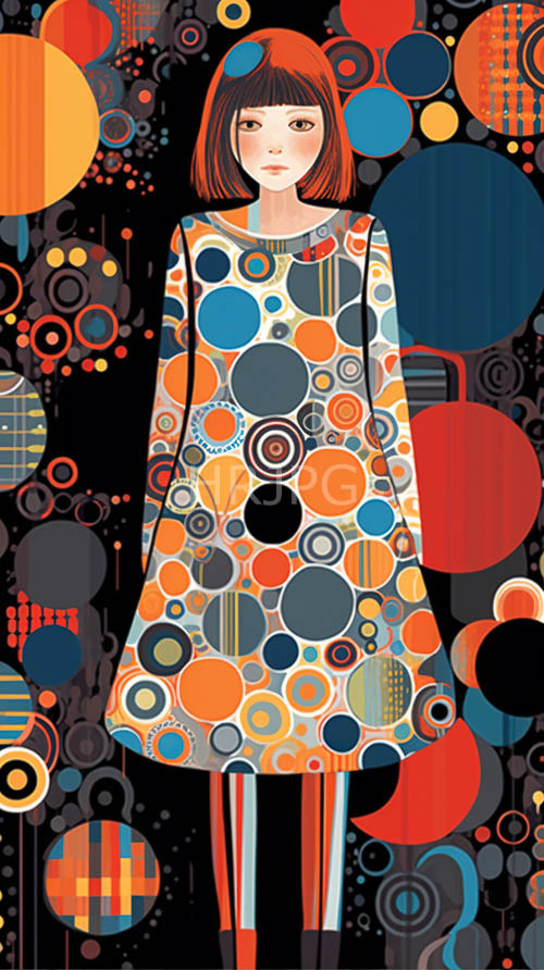 vibrant hues of androgynous form amidst geometric tapestry of orange blue black and white