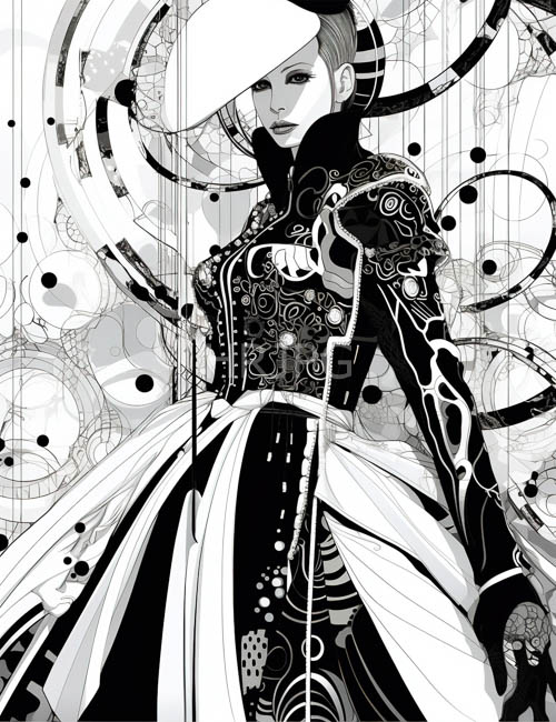 futuristic female figure in metallic armor amidst monochromatic environment