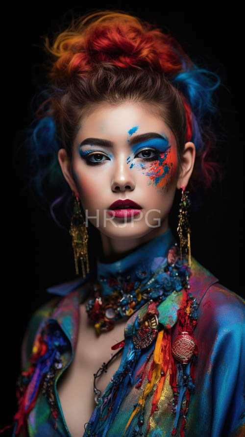 androgynous models dramatic eyeshadow and whimsical hair styling against dark background