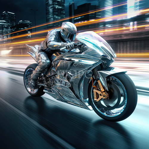 urban motorcycle chase through steel and concrete canyons with glowing city lights