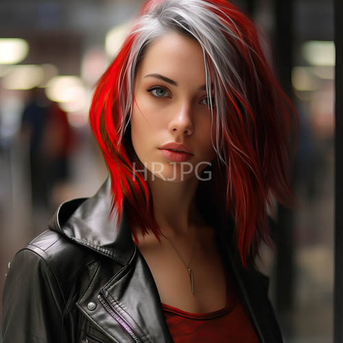 contrasting hair colors cascade down porcelain skin in edgy leather jacket