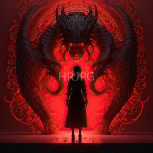 High Resolution: Flickering Crimson Patterns Dance Across Womans Face Amidst Gnarled Dragons Shadowy Form in Ancient Ruins download. | HRJPG.com