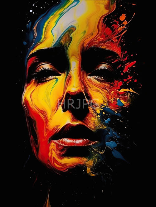 subtle smile with sunshine yellow paint on deep inky black background