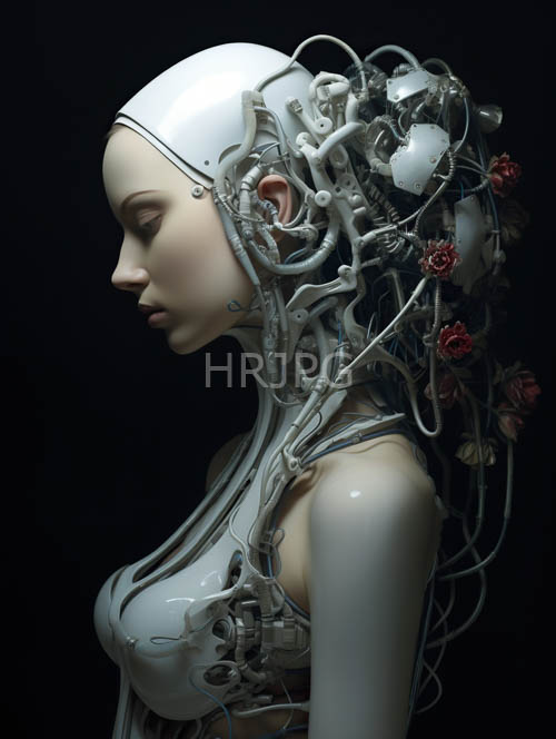 luminous orbs cast eerie glow on androgynous figure with delicate mechanical wiring and roses