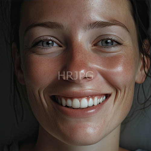 freckled features emerge amidst darkened background with mirthful smile