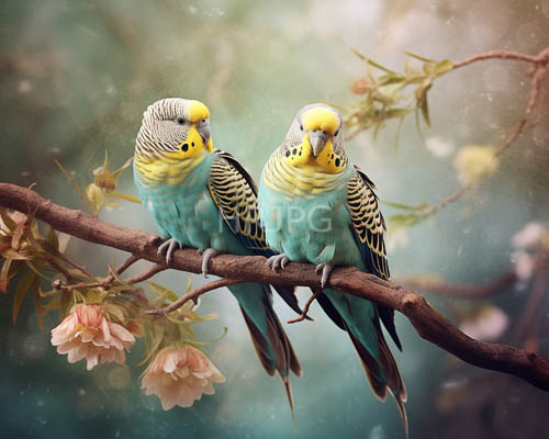 turquoise budgerigars adorned with delicate pink flowers amidst sturdy branch interplay of yellow and black stripes