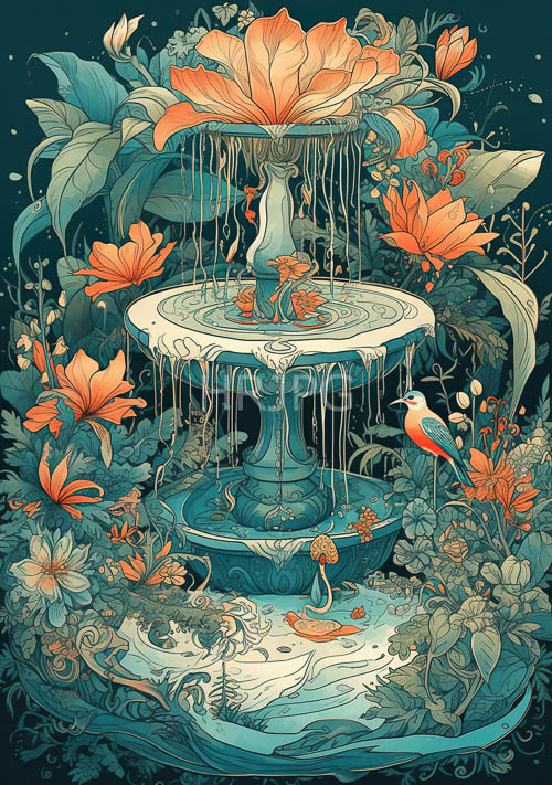 lotus flowers cascading down fountain with lush greenery and dark teal background