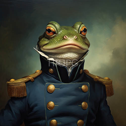 frogs emerald skin amidst lumpy textures on a military uniform under cloudy white skies