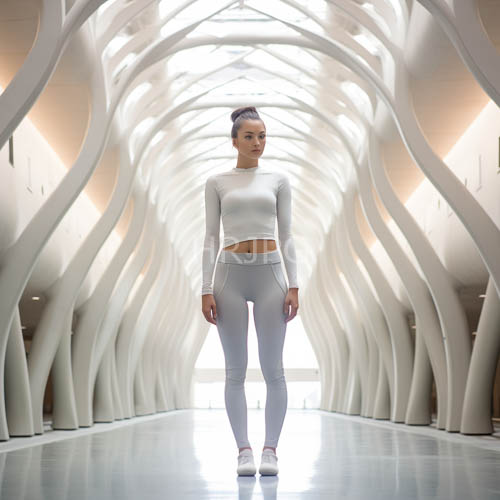 High Resolution: Asian Woman in Futuristic Setting Amidst Undulating Arches Under Cool Light download. | HRJPG.com