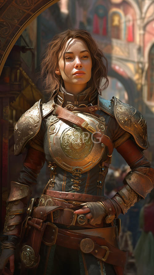 ancient leather straps encircle her torso amidst intricate gold etchings on armor
