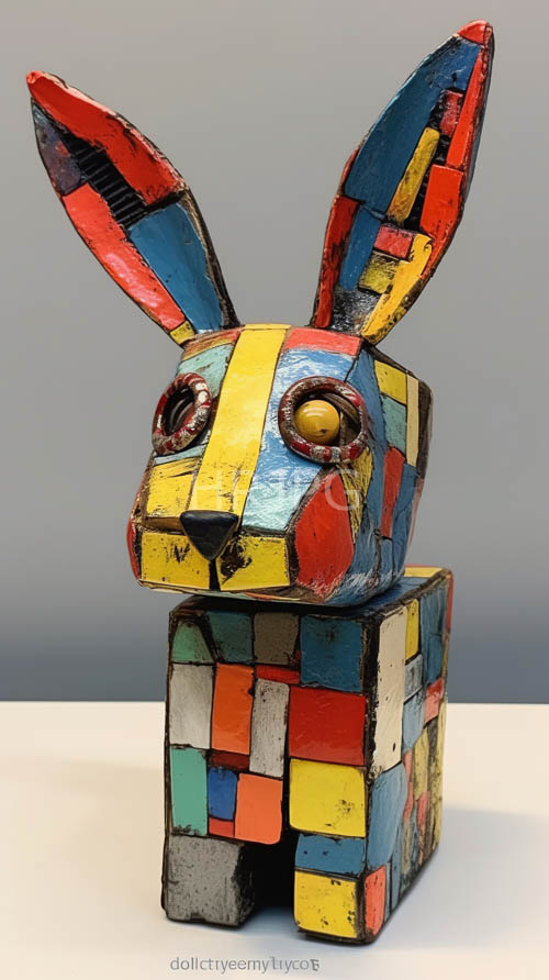 whimsical woodcarvings in geometric rabbit form on plain gray background