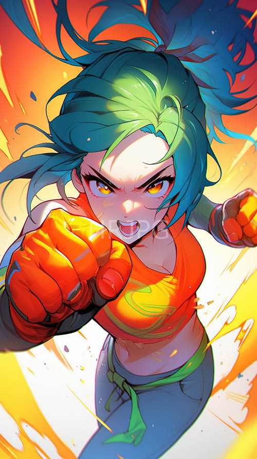 electric blue hues dance across her hair in a whirlwind fighting stance against sleek armor