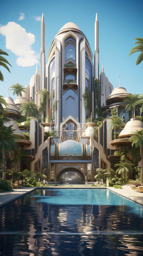 High Resolution: Futuristic Palace Structure Displays Angular Rooftops and Geometric Silhouette in Vivid Blue Sky download. | HRJPG.com