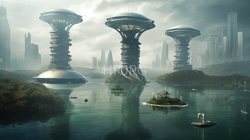 majestic spiralshaped space stations pierce misty sky amidst luminescent city glow