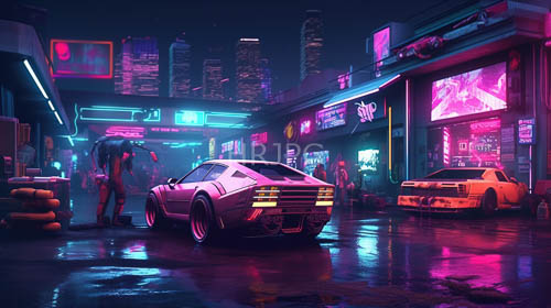 neon streetlights reflected in chrome accents amidst rainy city chaos