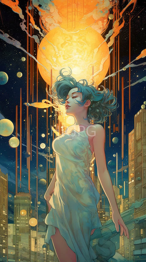 luminous bluehaired woman in flowing white dress amidst vibrant cityscape at sunrise
