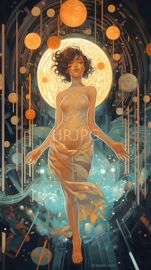 cosmic landscapes cradle floating figures under dark starry skies