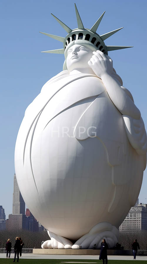 colossal marble statue juxtaposed against urban cityscape with sleek glass and steel skyscrapers