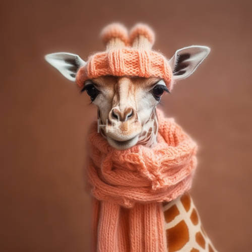 anthropomorphized giraffe in muted beige environment with focal orange accents