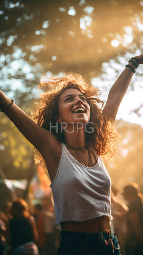 young womans curly locks dance in the fading light amidst lush greenery and vibrant colors